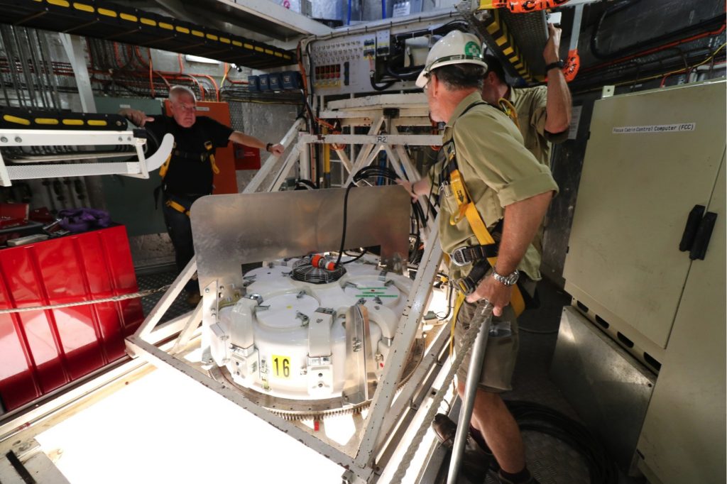 The phased-array feed built for Germany’s Effelsberg telescope being installed on CSIRO’s Parkes telescope for commissioning tests. Credit: Xinping Deng