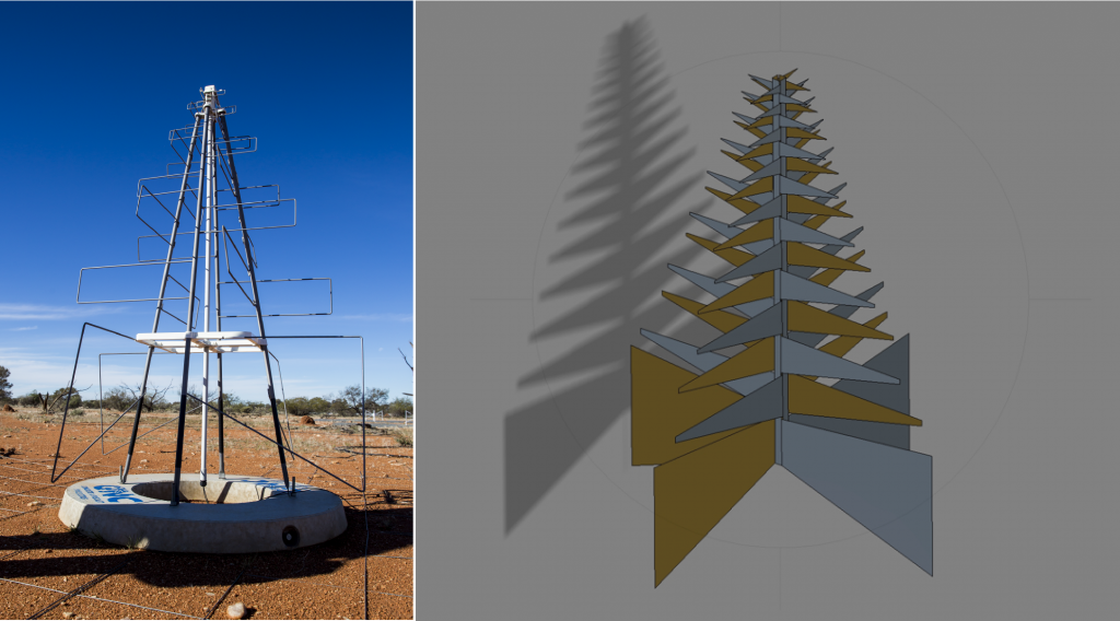 An AAVS1 antenna in the field at the Murchison Radio-astronomy Observatory alongside a schematic showing the design for Low Frequency Aperture Array antennas.