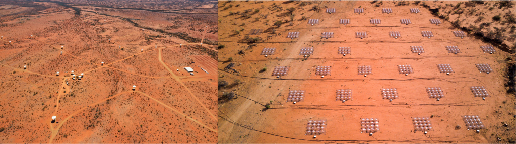 Left: An aerial view of the core part of CSIRO's Australian SKA Pathfinder (ASKAP). Credit: CSIRO Right: An aerial view showing some of of the 256 "tiles" belonging to the Murchison Widefield Array. Credit: ICRAR