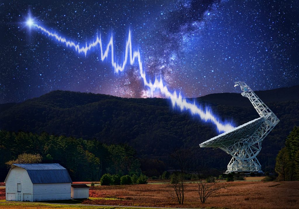 The 100-metre Green Bank telescope in West Virginia is shown amid a starry night. A flash from the Fast Radio Burst source FRB 121102 is seen traveling toward the telescope. The burst shows a complicated structure, with multiple bright peaks—these may be created by the burst emission process itself or imparted by the intervening plasma near the source. This burst was detected using a new recording system developed by the Breakthrough Listen project. Credit: Image design - Danielle Futselaar; Photo usage - Shutterstock.com