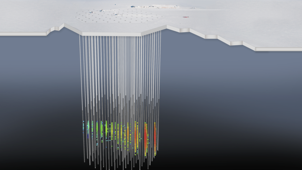 The IceCube Neutrino Observatory encompasses a cubic kilometre of pristine ice deep below Antarctica's surface and next to the NSF Amundsen-Scott South Pole Station. In this illustration, based on an aerial view near the South Pole, an artistic rendering of the IceCube detector shows the interaction of a neutrino with a molecule of ice. The display pattern is how scientists represent data on recorded light. Every coloured circle represents light collected by one of the IceCube sensors. The colour gradient, from red to green/blue, shows the time sequence. Credit: IceCube Collaboration/NSF