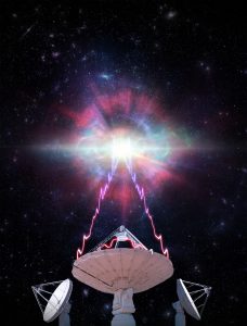 An artist’s impression showing one of CSIRO’s ASKAP radio telescope antennas observing a fast radio burst (FRB).  Credit: OzGrav, Swinburne University of Technology.