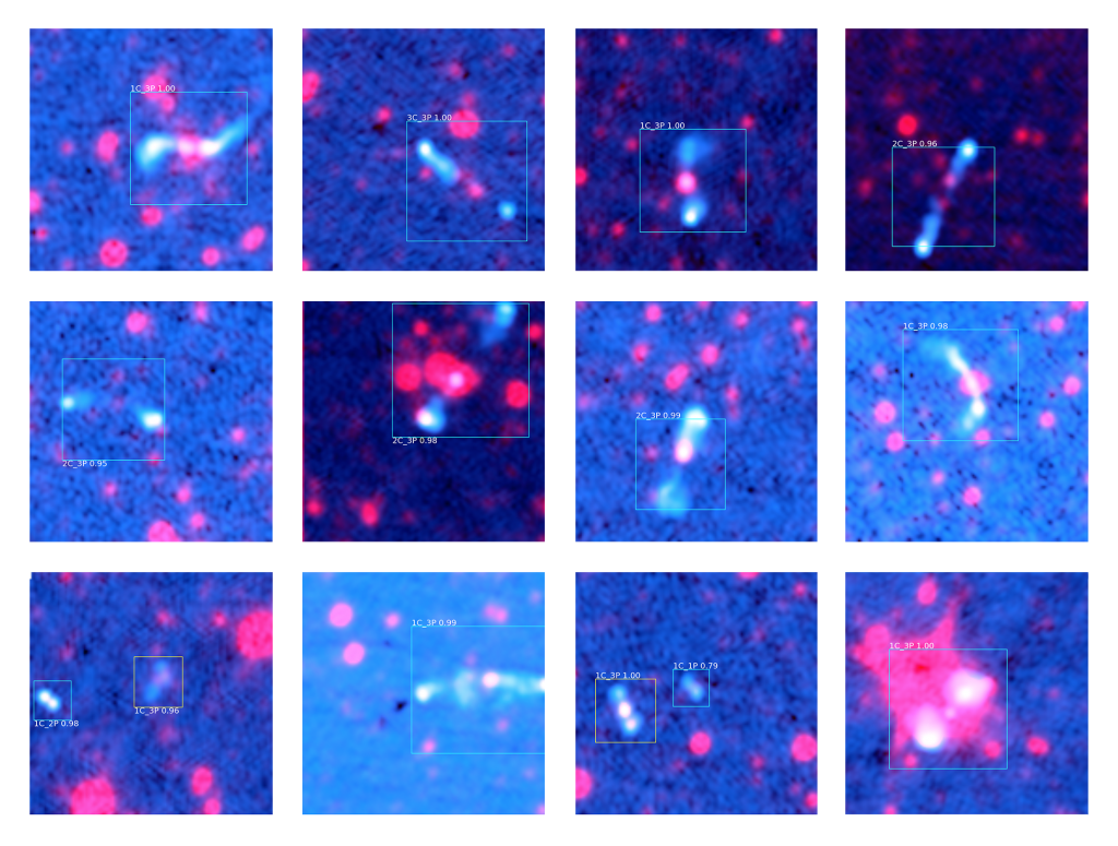 Fourteen radio galaxy predictions ClaRAN made during its scan of radio and infrared data. All predictions were made with a high ‘confidence’ level, shown as the number above the detection box. A confidence of 1.00 indicates ClaRAN is extremely confident both that the source detected is a radio galaxy jet system and that it has classified it correctly. Credit: Dr Chen Wu and Dr Ivy Wong, ICRAR/UWA.