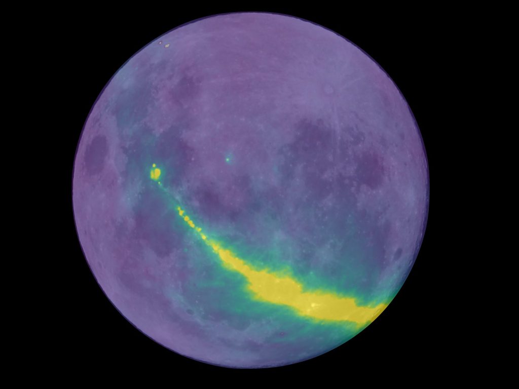 Radio waves from our galaxy, the Milky Way, reflecting off the surface of the Moon and observed by the Murchison Widefield Array radio telescope located in outback Western Australia. Credit: Dr Ben McKinley, Curtin University/ICRAR/ASTRO 3D. Moon image courtesy of NASA/GSFC/Arizona State University.