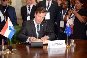 Australia's representative Dr Greg French, Ambassador to Italy, signing the international treaty to form the SKA Organisation. 