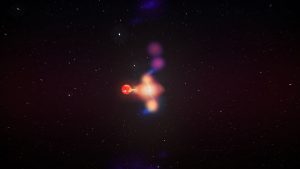 Artist's impression of the black hole X-ray binary system V404 Cygni as seen from a distance. Bright spots in the jets are detected by our high angular resolution radio imaging, and move away from the black hole in different directions. Credit: ICRAR