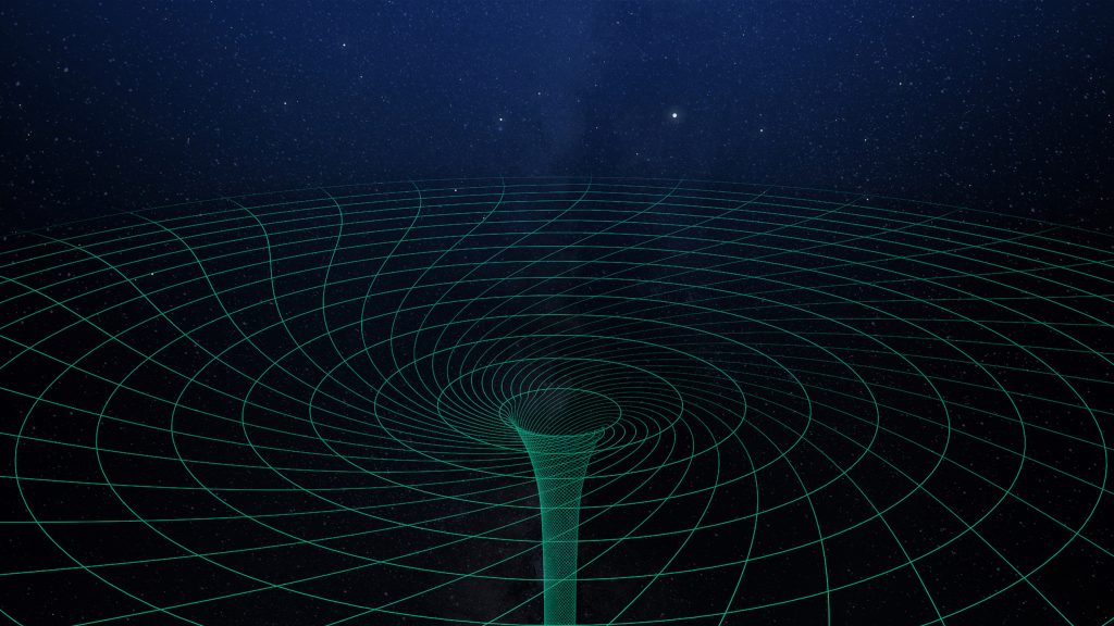 Artist's impression of twisted space-time around the spinning black hole. The black hole is so dense that it creates a rupture in the very fabric of space time, seen here as the infinitely deep well in the centre. As the black hole spins, it drags spacetime around with it, giving rise to the twisting of the spacetime grid shown here. This leads to the precession of the inner puffed-up accretion disk. Credit: ICRAR