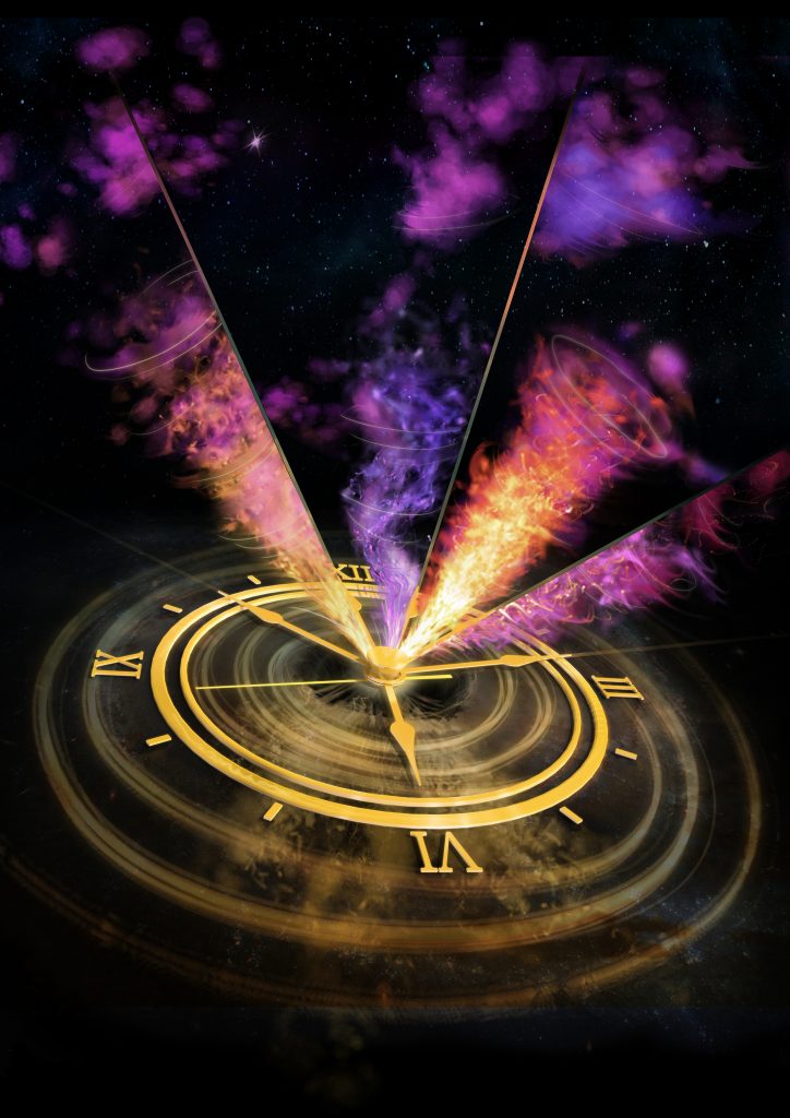 Schematic artist’s impression of the changing jet orientation in V404 Cygni. Each segment (as separated by the clock hands) shows the jets at a different time, oriented in different directions as seen in our high angular resolution radio imaging.