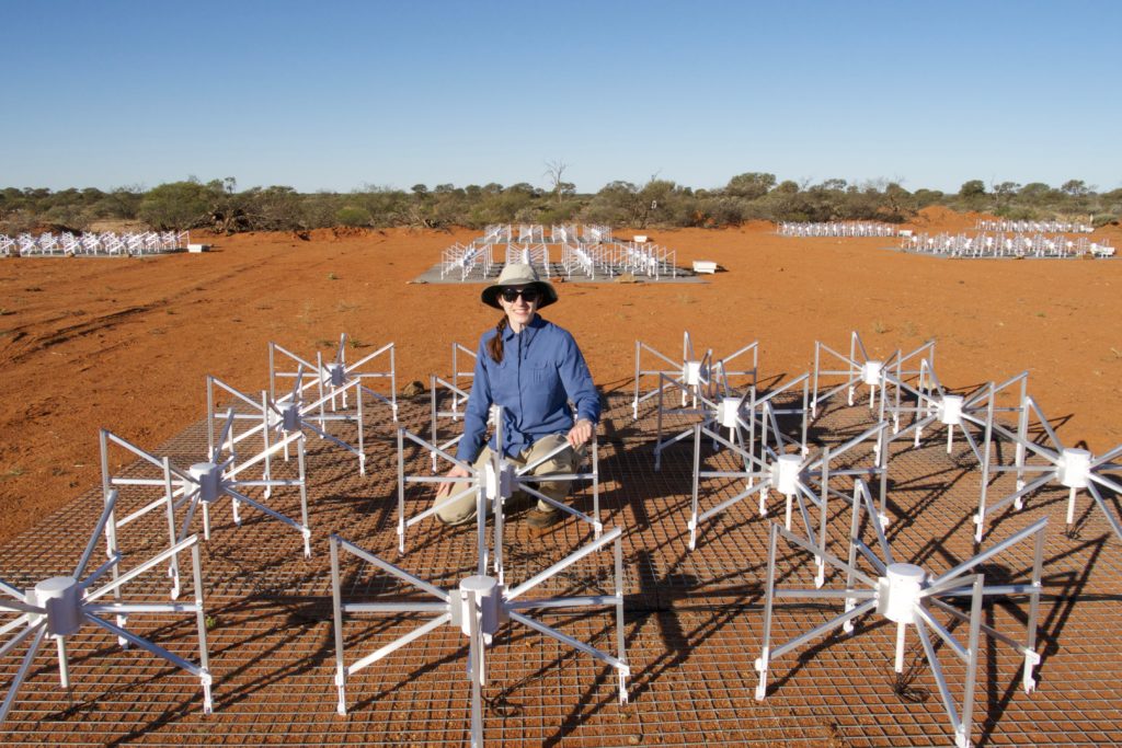 Dr Nichole Barry at The Murchison Widefield Array (MWA). Credit: Ruby Byrne