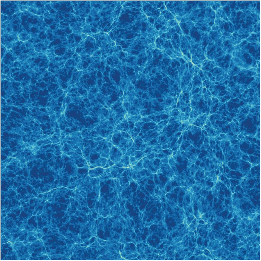 A simulation showing a section of the Universe at its broadest scale. A web of cosmic filaments forms a lattice of matter, enclosing vast voids. Credit: Tiamat simulation, Greg Poole.