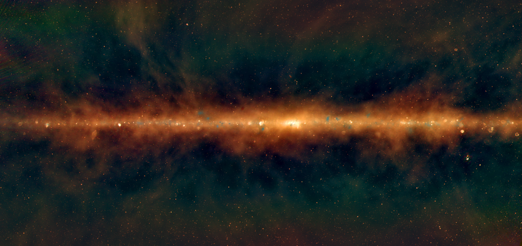 This image shows a new view of the Milky Way from the Murchison Widefield Array, with the lowest frequencies in red, middle frequencies in green, and the highest frequencies in blue. Huge golden filaments indicate enormous magnetic fields, supernova remnants are visible as little spherical bubbles, and regions of massive star formation show up in blue. [The supermassive black hole at the centre of our galaxy is hidden in the bright white region in the centre.] Credit: Dr Natasha Hurley-Walker (ICRAR/Curtin) and the GLEAM Team