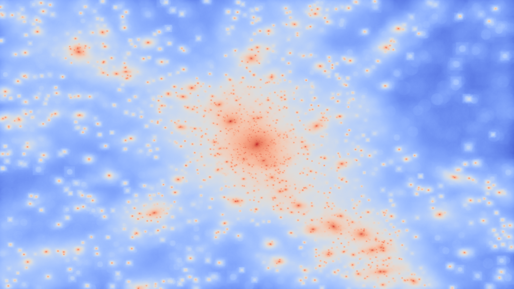 The view of a galaxy cluster with the usually invisible dark matter revealed. This view shows where the dark matter is located within the simulated cluster, each bright spot is a ‘knot’ of dark matter corresponding to the location of a galaxy. Credit: Chris Power, ICRAR/UWA. 