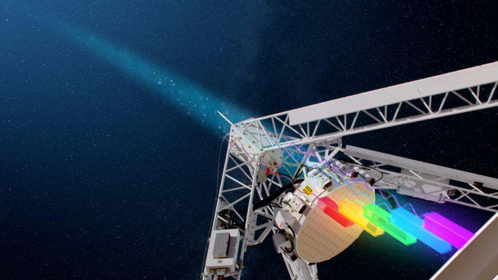 CSIRO’s ASKAP measures the delay between the wavelengths of the FRB, allowing astronomers to calculate the density of the missing matter. Credit: ICRAR and CSIRO/Alex Cherney