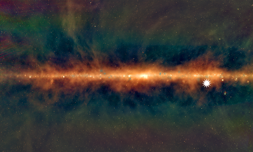 This image shows the Milky Way as viewed from Earth. The star icon shows the position of the mysterious repeating transient. Credit: Dr Natasha Hurley-Walker (ICRAR/Curtin).