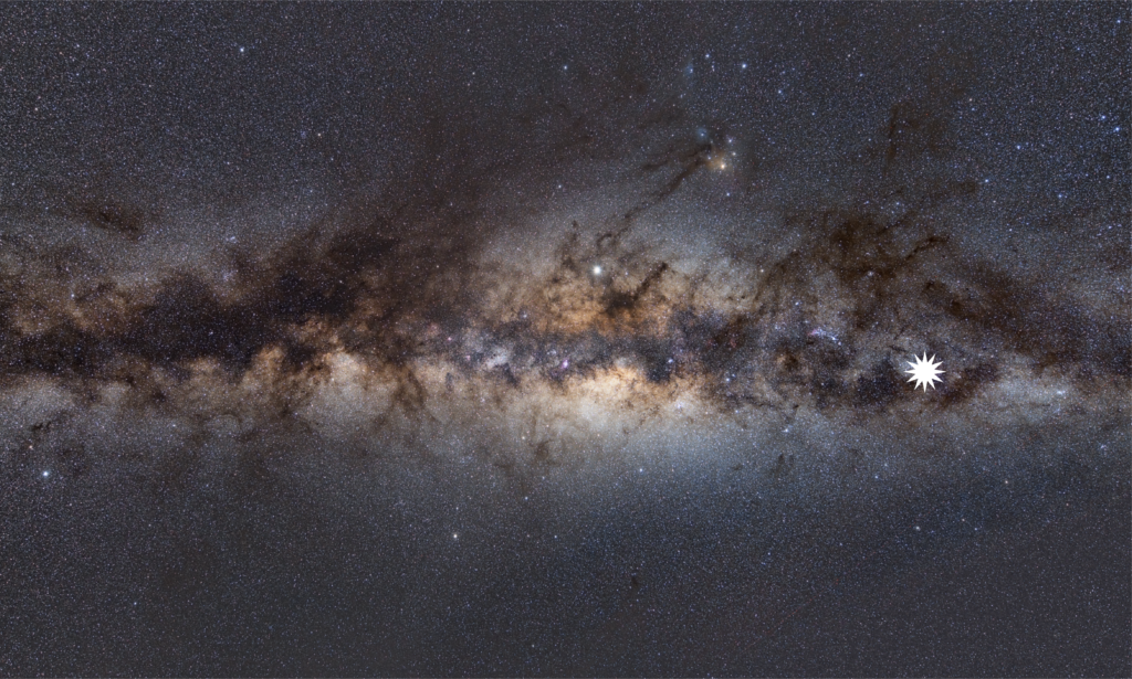 This image shows the Milky Way as viewed from Earth. The star icon shows the position of the mysterious repeating transient. Credit: Dr Natasha Hurley-Walker (ICRAR/Curtin).