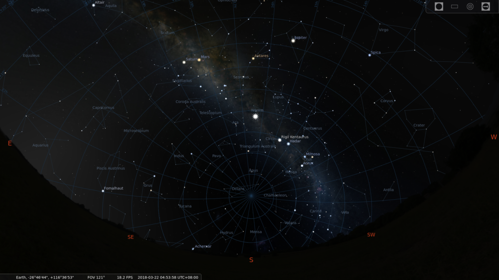 The new radio transient in the sky, as it would have been seen at the MWA during the night in March 2018, when it was active. The source is shown with a large white star marker, but would be invisible to the naked eye. Image source: Stellarium